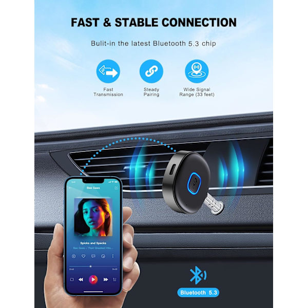 Bluetooth 3.5 mm AUX-adapter för bil, Mini Bluetooth 5.3-bilförstärkare för stereo/högtalare/trådbundna hörlurar, Bluetooth-bilsadapter AUX, handsfree Grey