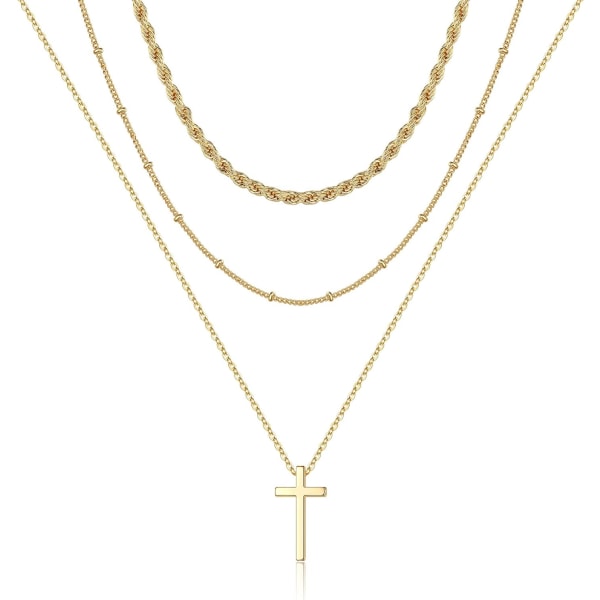 Fint flerskiktat chokerhalsband, handgjort 14K guldpläterat Y-hänge halsband flerskiktat stångskivehalsband justerbara lager chokerhalsband för kvinnor 3PCS  Twist chain&Beads Chain&Cross 3PCS  Chain&Bar&Hammered Disc