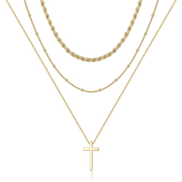 Fint Lagdelt Choker Halskæde, Håndlavet 14K Guldbelagt Y Vedhæng Halskæde Multilayer Bar Disc Halskæde Justerbar Lagdeling Choker Halskæder til Kvinder 3PCS  Twist chain&Beads Chain&Cross 3PCS  Chain&Bar&Hammered Disc