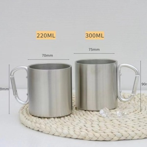 Retkeilymuki, ulkoilumuki, metallimuki, 200 ml, ruuvikiinnitteisellä karabiinilla, ruostumaton teräs, vaellus, retkeily, työ, hopea