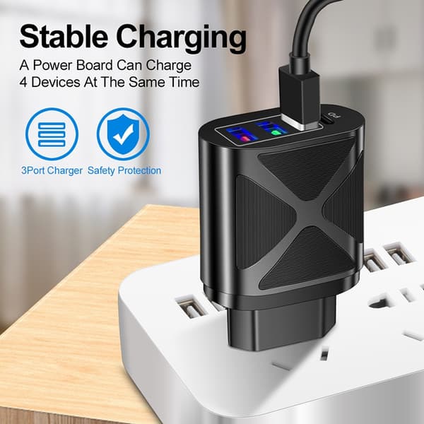 4-Port Enhetslader, Reiselader, 2.4A, Hurtiglading, EU, US, 48W, 3 USB + PD