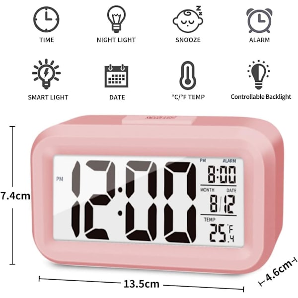 Uppgraderad Digital Väckarklocka, 4,3\" LED-Display med Temperatur Större Ljudstyrka Ljuskontroll Bärbar Snooze Kalender Ljusstyrka med Batteridrift Pink