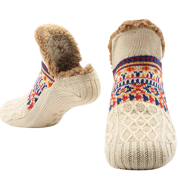 Fluffy Slippersokker til Kvinder og Mænd - Varmeholdende Sokker i Strikket Uld med Sherpafoer - Fuzzy Sengesoks - One Size - Skridsikker Beige