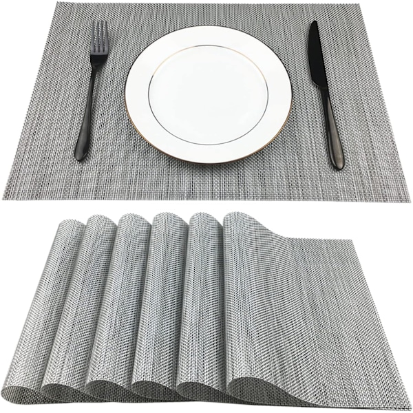 Placemats,Easy to Clean Crisscross Woven Vinyl Place Mats Durable Non-Slip Heat Resistant Table Mats,Placemats for Kitchen Table Set of 6,Silver an