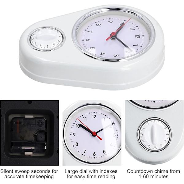 Væg Ur Køkken Timer, 60 Minutters Visuel Nedtællingstimer, Lydløs Drift, Nem at Læse, Retro Køkken Væg Ur, Visuel Timer, Hjem Køkken T White