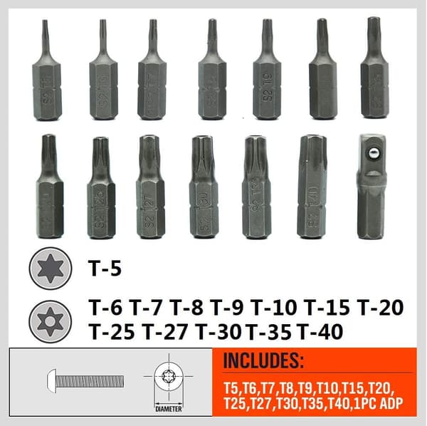 14-delars Manipuleringssäkra Torx-bits, S2-legerat stål, T5 - T40 Säkerhets-Torx-bitssats