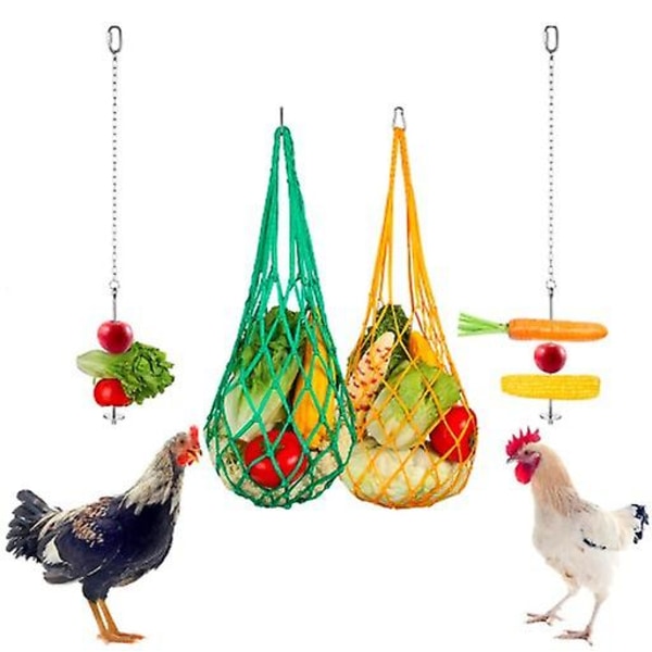 4-pakningsnettingspose for kyllingfôr, nettingpose for kyllingfôr, nettingpose for hengende mat, papegøyematspyd i rustfritt stål, for høner, fugler