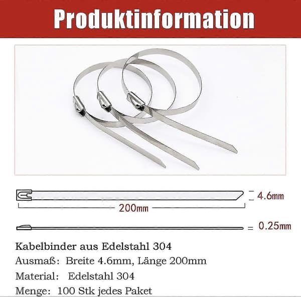100 stk. kraftige kabelbindere, rustfri stålkabelbindere selvlåsende stålkabelbindere 4,6x200 mm