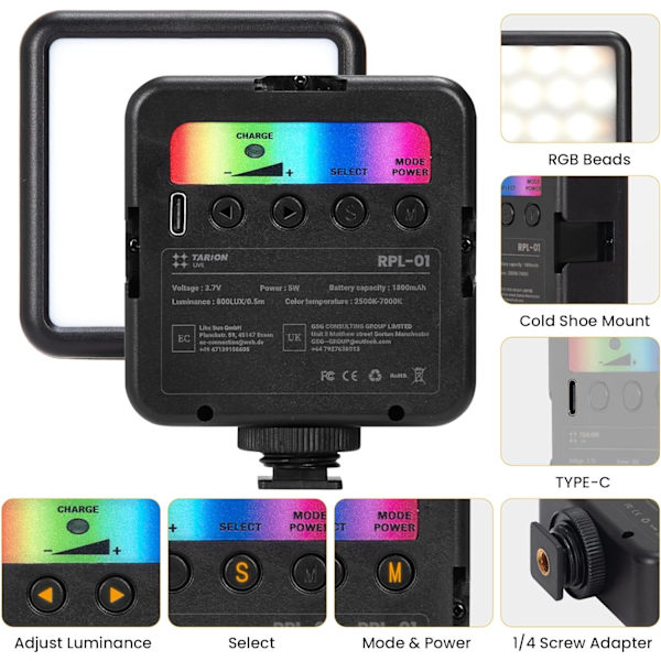 RGB-kamera videolys: LED Vlog-belysning i fuld farve, dæmpbar 2500-7000K, stærkt lys på kameraet, 1800mAh genopladelig med 3 tilbehør til koldt skoblys RPL01