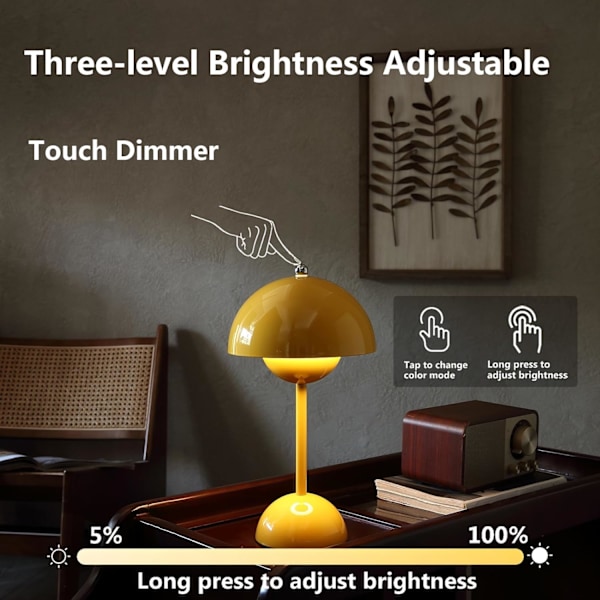 Moderne blomsterpot trådløs bordlampe, trådløs Mid Century lampe, sød batteri svampe bordlampe, lille lampe til natbord, dæmpbar touch soveværelse La Yellow