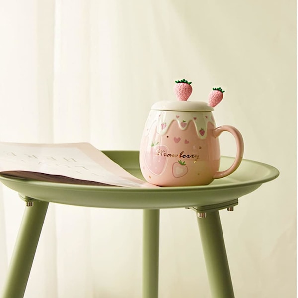 Jordbær krus rosa kaffekrus keramikk kawaii kopp morgen te melk frukt krus med nydelig lokk rustfritt stål skje kreativ nyhet bursdag valentinsdag S