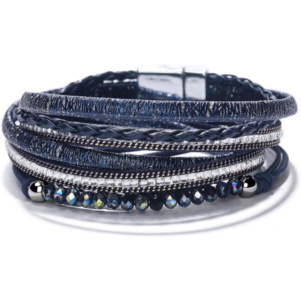 Leopard armbånd til kvinder, Boho læder wrap flerlags perle krystal armbånd armbånd smykker B24Square Diamond(Blue) A7Feather