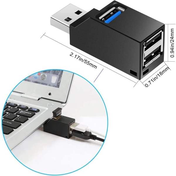USB-hub, Mini USB 3.0-hub, 3-port hub (2 USB 2.0 + USB 3.0), adapter med høj hastighed til udvidelse til pc, bærbar computer, stationær computer, XPS, Macbook, Surface Pro, USB A A