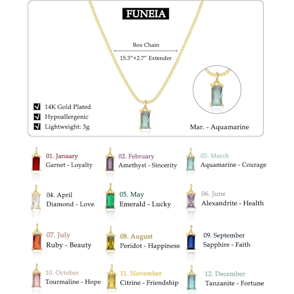 Diamanthalskjeder for kvinner 14K gullbelagt smaragd fødselsstein halskjede for kvinner mødre delikat gullkjede blågrønn kubisk zirkonia anheng 03. March(Aquamarine)