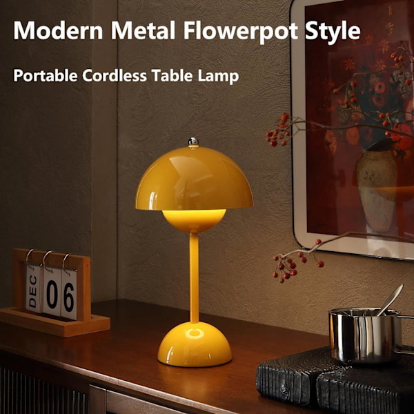 Moderne blomsterpot trådløs bordlampe, trådløs Mid Century lampe, sød batteri svampe bordlampe, lille lampe til natbord, dæmpbar touch soveværelse La Yellow