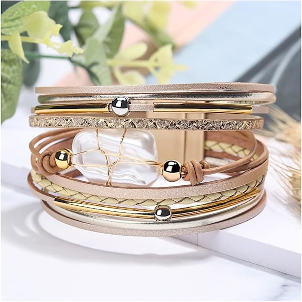 Leopard Armbånd til Kvinder, Boho Læder Wrap Multi-Layer Perle Krystal Armbånd Smykker A4Gold Leather(Pearl) A7Feather