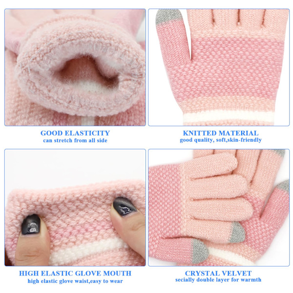 Barnvantar, Stickade Vantar för Vinter, Stretchiga Barnvantar, Helfingersvantar för Barn, Fluffiga Varma Barnvantar för Pojkar och Flickor Pink