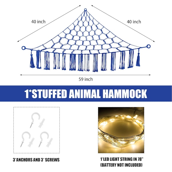 Dyre Hengekøye med LED-lys, Leke Hengekøye for Oppbevaring av Utstoppede Dyr for Barneromsdekor, Utstoppet Dyr Hengekøye Hjørne, Royal Blå Royal Blue Large(Package of 1)