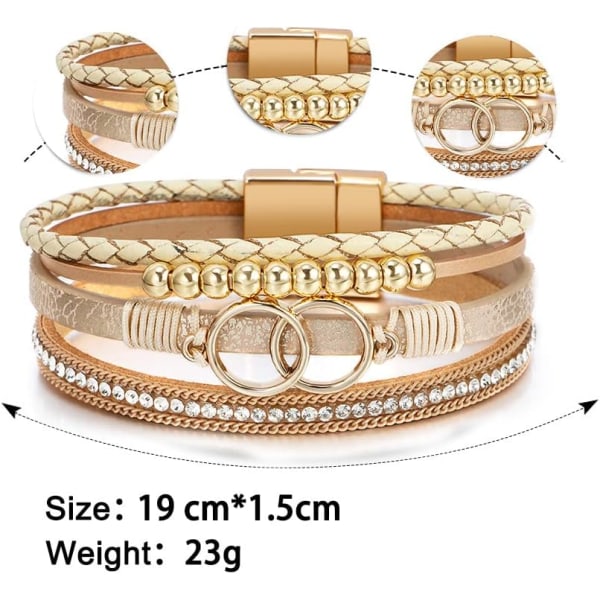 Leopardarmbånd for kvinner, Boho lær innpakning flerlags perle krystall armbånd bangle smykker B38:Double Circle(Khaki) A7Feather