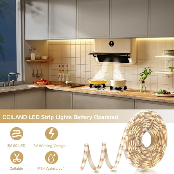 3m batteridrivna LED-remsor med fjärrkontroll, 90 LED-lampor remsa vattentät, 8 lägen, dimbar, timer, självhäftande, klippbar för sovrumsspegel Warm White