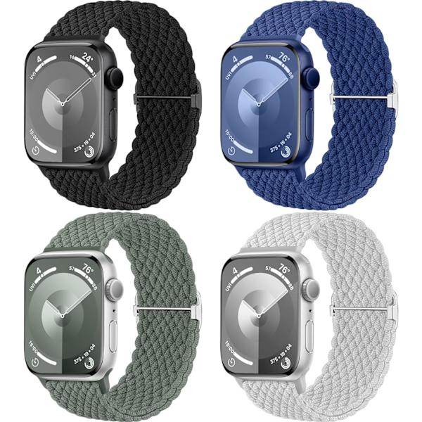 4-pack flätade solo loop-armband kompatibla med Apple Watch-armband 40mm 41mm 38mm 42mm 44mm 45mm 49mm för kvinnor och män, stretchigt armband elastiskt sportarmband C.Black/DarkBlue/Grey/ArmyGreen 38mm/40mm/41mm