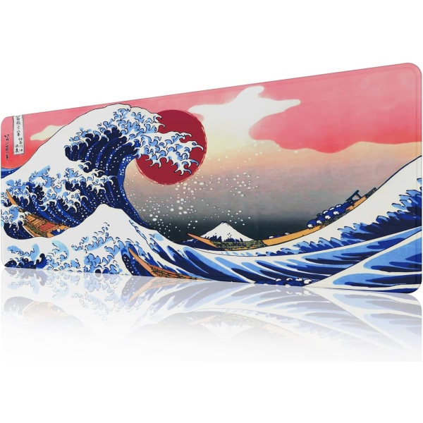 Japan Art Kanagawa Surfing Musemåtte (31,5 × 11,8 × 0,12 tommer) Udvidet Stor Musemåtte Skrivebordspude, Syede Kanter Musemåtte, Skridsikker Gummibase, Keyboa Ocean Wave Mouse Pad  3 Ink Drawing Mouse Pad  1