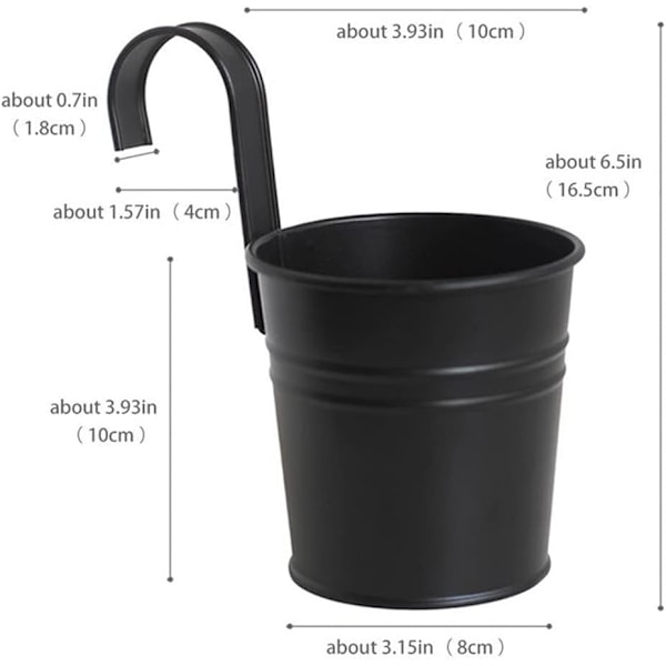 Hängande blomkrukor i metall, järnhink, planteringskruka, metallhink, blomhållare med krok, inomhus- och utomhusdekor för räcke, staket, balkong, trädgård (b Black
