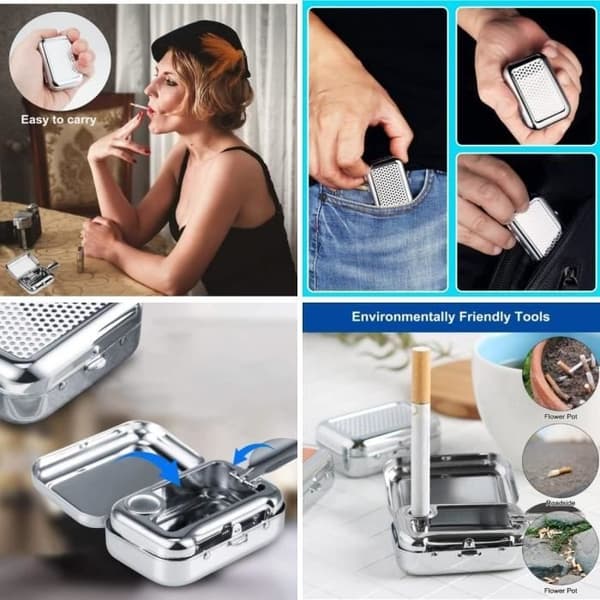 Fickaskfat, bärbart reseaskfat, mini luktfritt askfat, cigarraskfat, med lock och cigaretthållare, silver