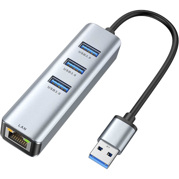 USB til Ethernet-adapter, 4 i 1 aluminium USB Ethernet-adapter med RJ45 10/100/1000 Mbps Gigabit nettverks-LAN-port, 3 USB 3.0-porter, for MacBook Pro, Gray