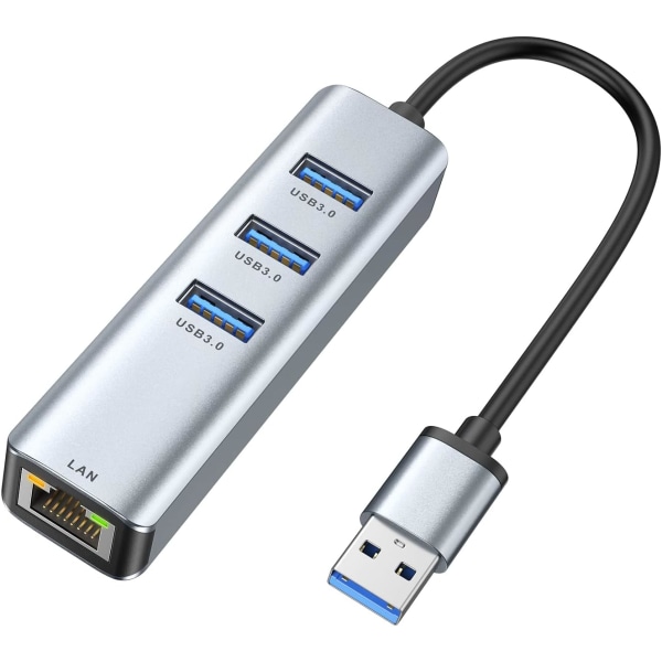 USB till Ethernet-adapter, 4 i 1 aluminium USB Ethernet-adapter med RJ45 10/100/1000 Mbps Gigabit nätverks-LAN-port, 3 USB 3.0-portar, för MacBook Pro, Gray