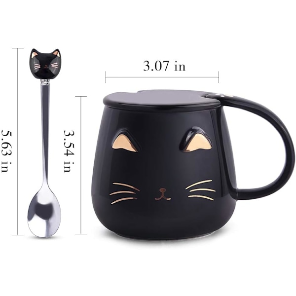 Svart kattmugg, söt kattunge keramisk kaffemugg med rostfritt stål sked, nyhet kaffemugg kopp för kattälskare kvinnor flickor Black