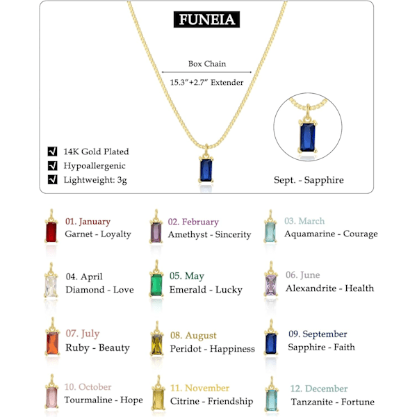 Diamanthalskjeder for kvinner 14K gullbelagt smaragd fødselsstein halskjede for kvinner mødre delikat gullkjede blågrønn kubisk zirkonia anheng 09. September(Sapphire)