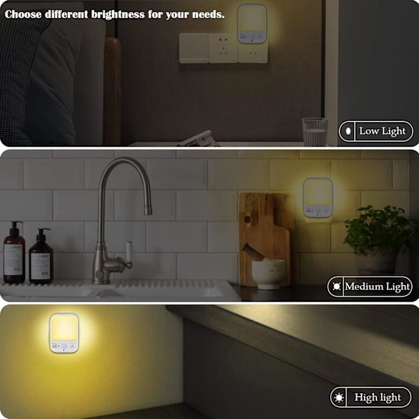 LED-nattlampa med väggkontakt, rörelsesensor med 3 ljuslägen, justerbar ljusstyrka, varmvit lampa, skonsam nattbelysning