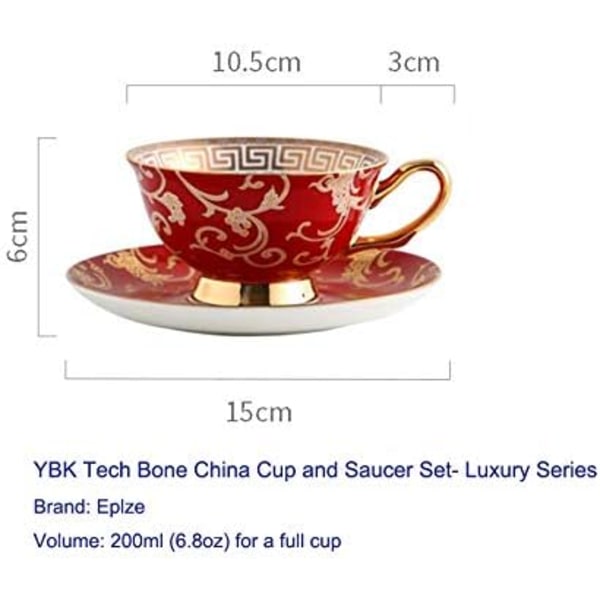 YBK Tech Euro Style Bone China Kop & Underkop Sæt, Keramisk Te- og Kaffe Kop til Hjemmet Køkken Bryllup (Retro Blomstermønster - Rød) Retro Flower Pattern Red