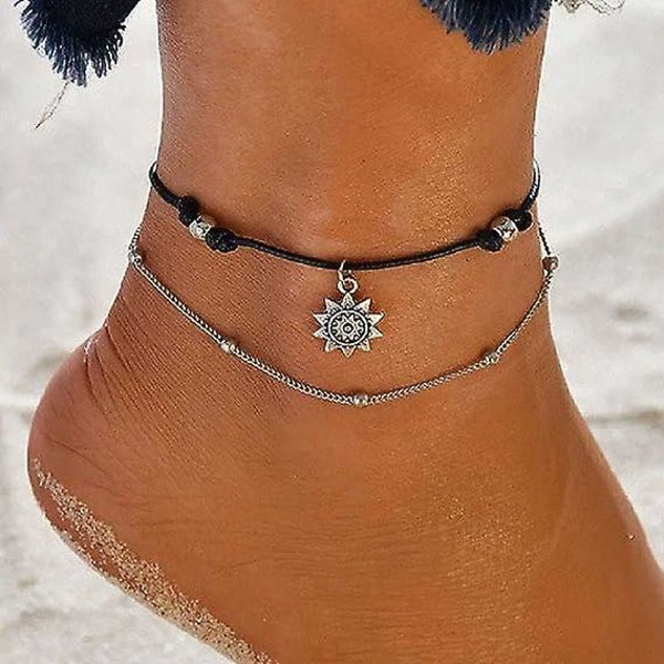 Beach Braided Sun Anklet Women, Bohemian Double Layer Antique Silver Sun Anklet Anklet