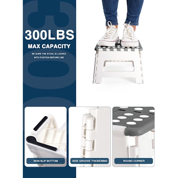 Fällbar Stegpall Lättviktsplast Stegpall, 9 tum Fällbar Stegpall för Barn & Vuxna, Halksäkra Fällbara Pall för Badrum Sovrum, Plast Black 1 Pack, Gray & White