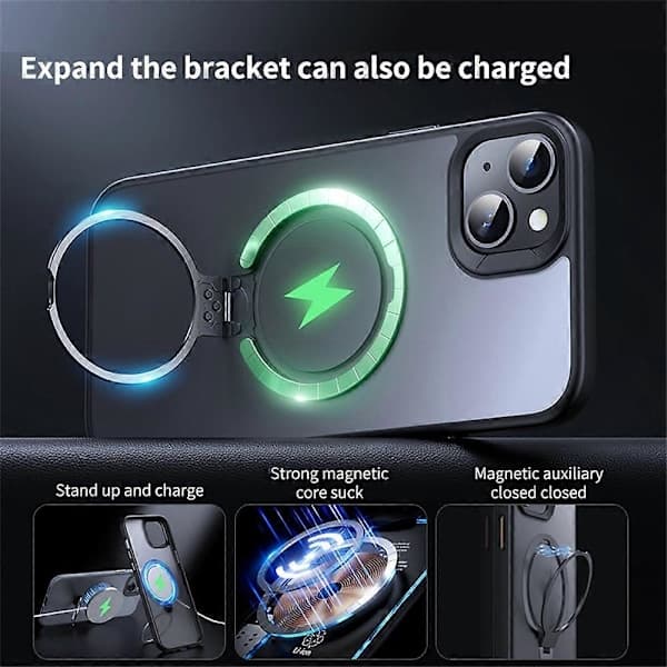 Etui til iPhone 15 Plus med stativ, mat bagside, kompatibel med MagSafe