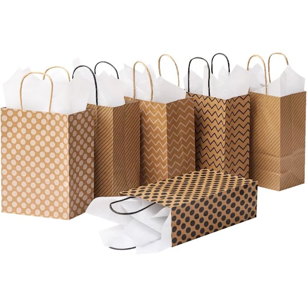 24 stk. gaveæsker med 24 servietter, gaveposer med håndtag, brune gaveposer i kraftpapir til fødselsdag, bryllup, babyshower, fest Brown 24 Pack with Tissues 1 count (Pack of 24)
