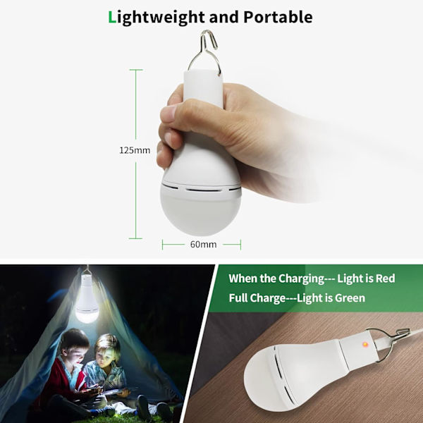 USB-oppladbare LED-lyspærer, Afoskce bærbar campinglys med fjernkontroll, 5 lysmoduser, med krok, 1500mAh smarte lyspærer for nødstilfeller White7W1Pack