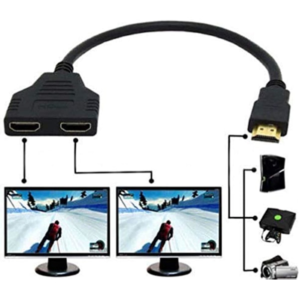 HDMI-hane till dubbla HDMI-hona 1 till 2-vägs HDMI-splitteradapterkabel för HDTV, stödjer två TV-apparater samtidigt, signal en in, två ut (svart) Black