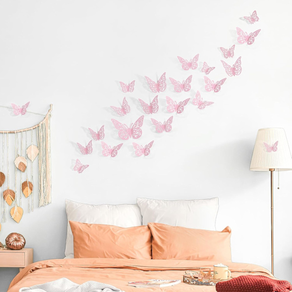 72 kpl perhoskoristeita, 3 kokoa 3 tyyliä, 3D perhosseinäkoriste, perhosjuhlakoristeet, syntymäpäiväkoristeet, perhoset askarteluun 72 Pcs, Pink