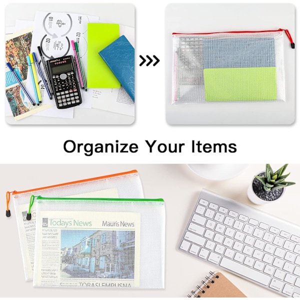 A4 Plastik Zip-mapper - 24 stk. Lynlås Filposer Mesh Zip Lock Dokument Tegnebogsholder Rejse Opbevaringspose til Kontorartikler og Rejsetilbehør 12 Colours  24 PCS A4