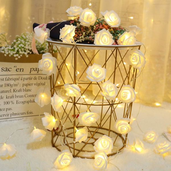 Rose Fairy Lysstreng, 20LED Rose Lysstreng til Hjem Indendørs Udendørs Soveværelse Have Gærde Sæsonfest Thanksgiving Valentinsdag White