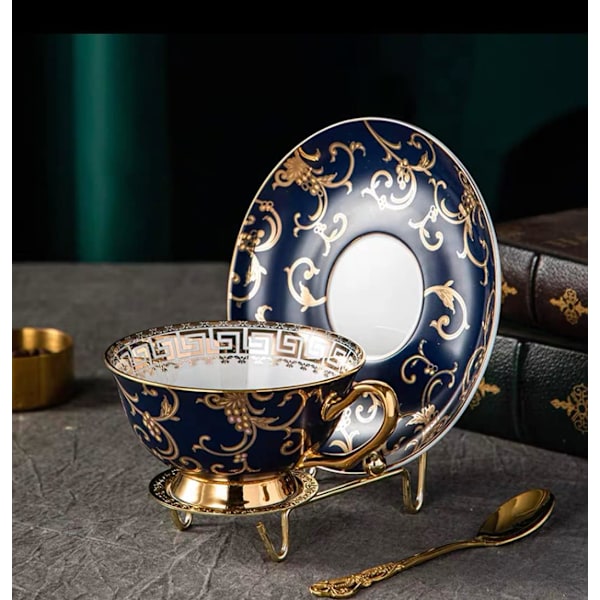 ® YBK Tech Euro Style Bone China Kop & Underkop Sæt, Keramisk Te- og Kaffe Kop til Hjemmet, Køkkenet, Bryllup (Retro Blomstermønster - Mørkeblå) Retro Flower Pattern Dark Blue
