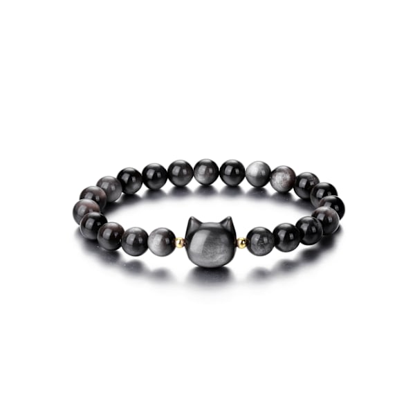 Kristallarmband med Katt för Kvinnor 8mm Kristallsten Pärlarmband Skydd Helande Kristaller Ädelstenar Stretcharmband Lyckoarmband Smycken Katt silver