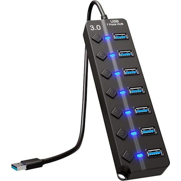 7-ports USB-hub 3.0 – Multi USB-port-hub med individuelle switche og lys – Multi-port USB-adapter-stik – High-speed USB-extender til flash