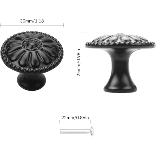 16 stk. sorte skabshåndtag, runde skuffeknapper, enkelt hul skabshåndtag, svampeformet skuffeknap 30MM aluminiumlegering blomstermønster håndtag w Black