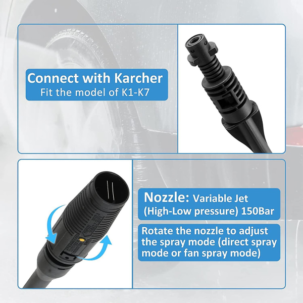 Højtryksrenserlanse, 150bar lansetilbehør til Karcher K2 K3 K4 K5 K6 K7 med justerbar dyse