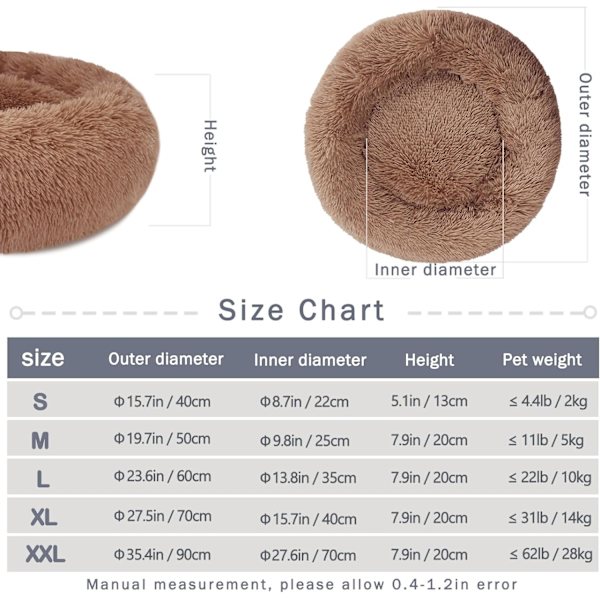 Rolig Hundeseng til Katte - 19,7 tommer Plys Pude til Hvalpe og Killinger, Rund Seng, Varm og Blød Seng til Kæledyr med Skridsikker Bund og Coffee 50.00 x 50.00 x 20.00 cm (L x W x H)