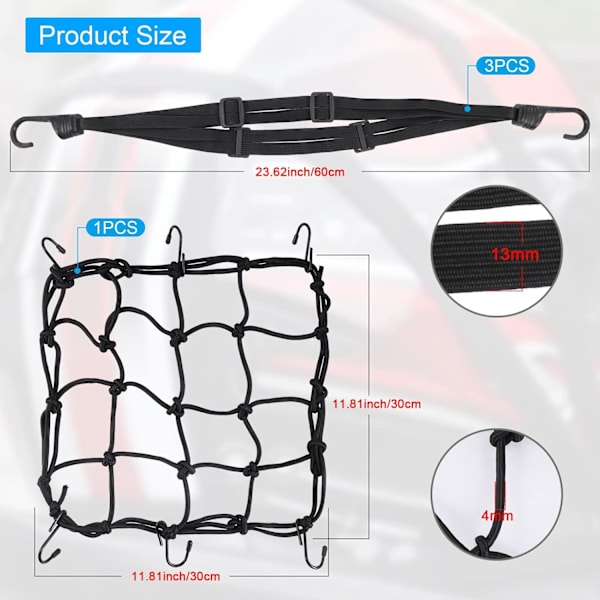 Cykelbagageremme, Cykelstativremme, Robust Bungee-remme med Kroge, Elastiske Remme med Skydebeslag, Motorcykel Cargo Net, Elastisk Rem black